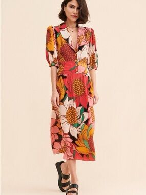 FARM Rio Colorful Sunflower Open Back Floral Midi Dress